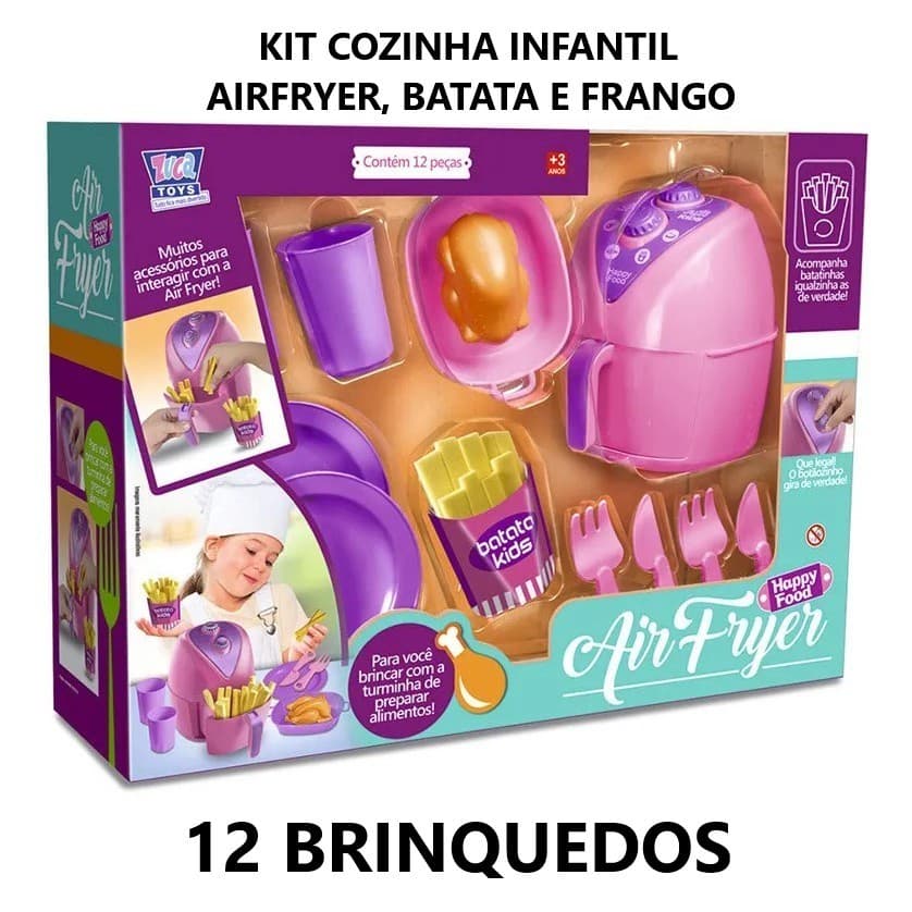 Kit infantil de brinquedo Airfryer com 12 peças, incluindo fritadeira, batata frita e acessórios de cozinha, em tons de rosa e lilás.