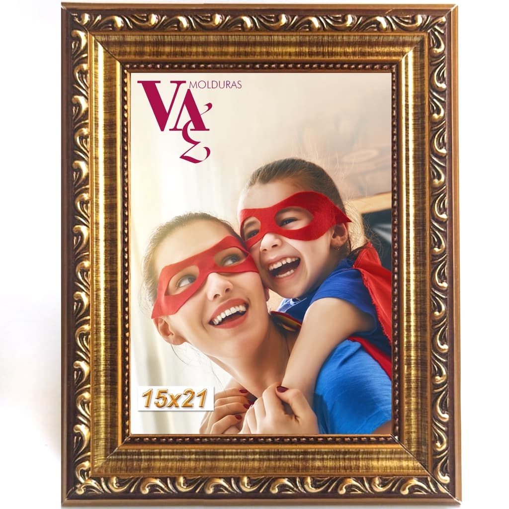 Molduras Porta Retrato quadro 15x21 cm trabalhada Relevo Dourado com vidro