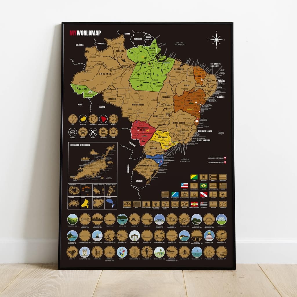 Mapa Raspadinha Brasil - Mapa Raspar Brasil Viagens  - Inclui Cidades - Dourado - A3 42X30