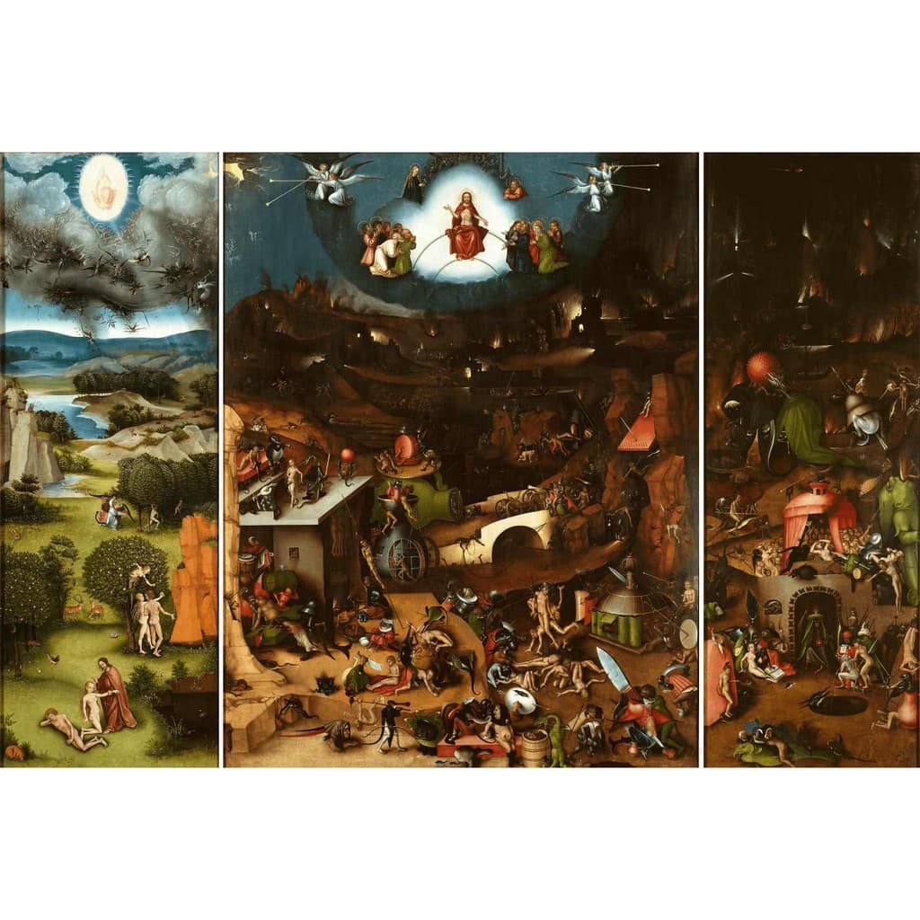 Tela de O Juízo Final de Hieronymus Bosch em três painéis com cenas de céu, julgamento e inferno