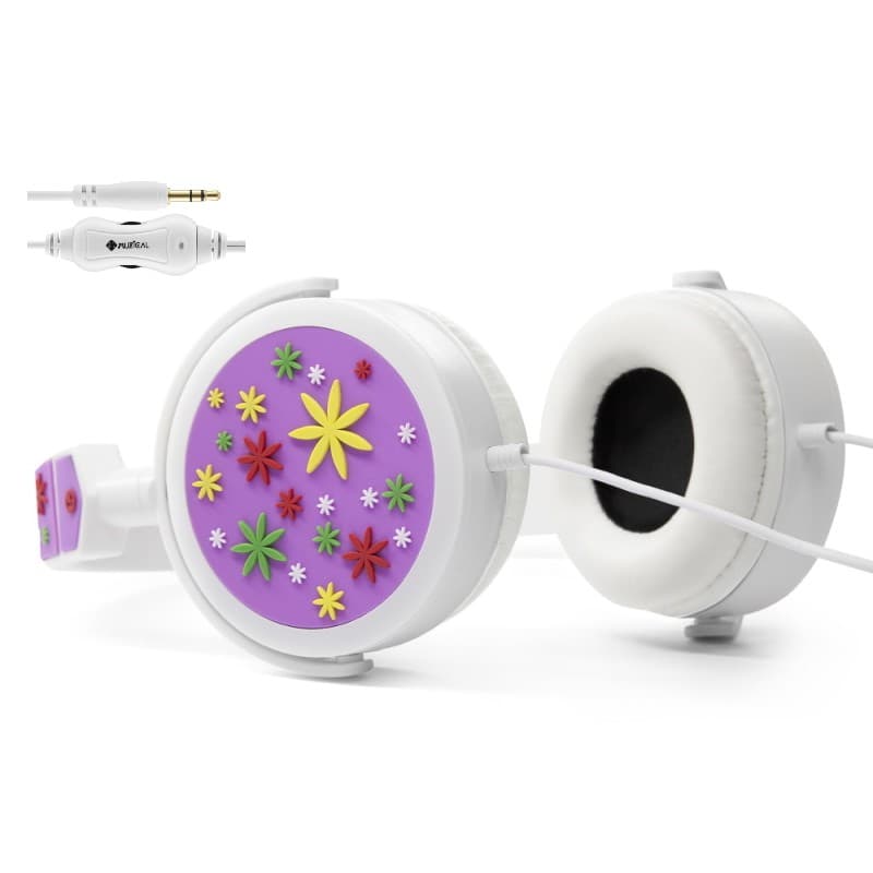 Fone de ouvido infantil com flores 3D em tons de violeta, rosa e amarelo, branco, espuma para conforto.