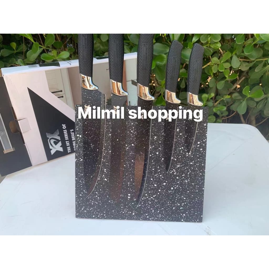 Jogo de facas com suporte magnético preto e glitter prateado