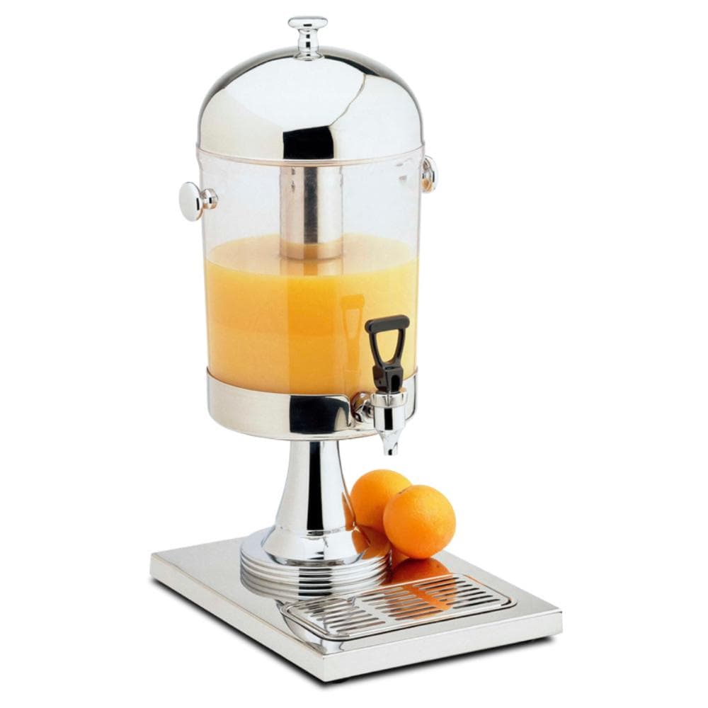 Refresqueira de suco de 8 litros com reservatório de gelo, suco laranja, laranja ao lado, fundo branco