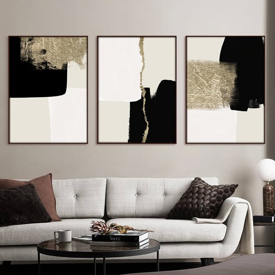 Quadros decorativos abstratos minimalistas bege preto ouro TRIO MODERNO
