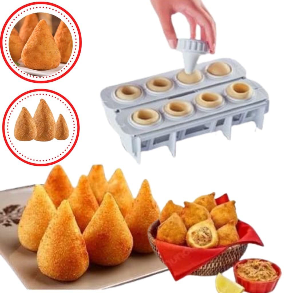 Formas de silicone para fazer coxinhas e pastéis fritos, com exemplos prontos no fundo