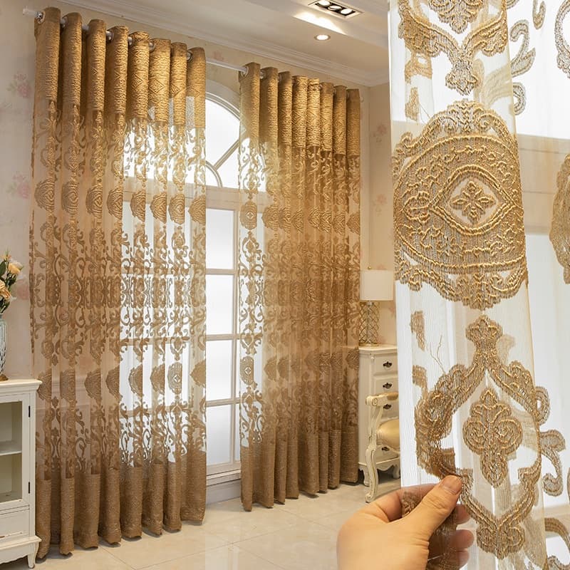 Cortinas de jacquard douradas com padrão floral, para sala de estar