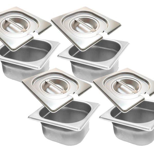Conjunto de 4 cubas gastronômicas inox GN 1/6 com tampas e abertura para colher