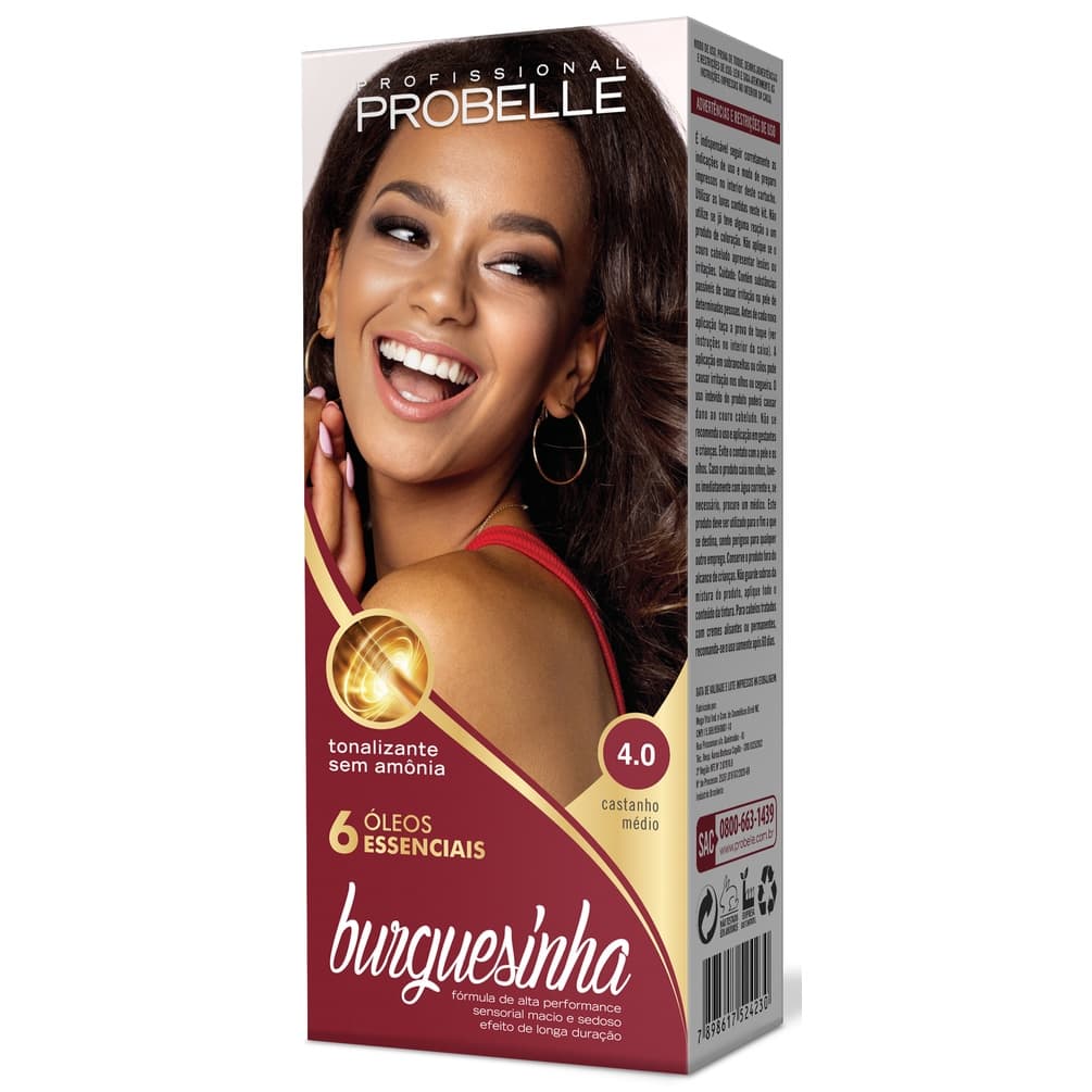 Tonalizante sem amônia burguesinha - Probelle 4.0 castanho médio 50g probelle