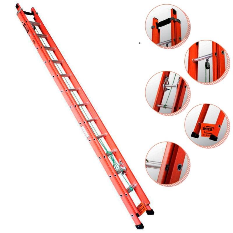 Escada extensível de fibra de vidro vermelha com 26 degraus, 4,8 x 8,1 metros