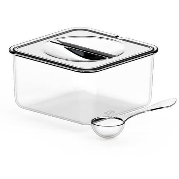 Cuba gastronômica acrílica transparente com tampa e colher de metal.