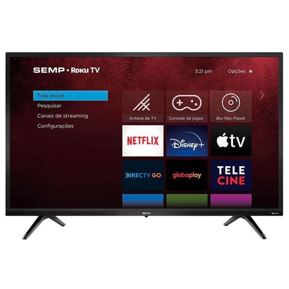 Smart TV Roku LED 32'' SEMP 32R5500 interface de menu com Netflix, Disney+, Apple TV e outros aplicativos