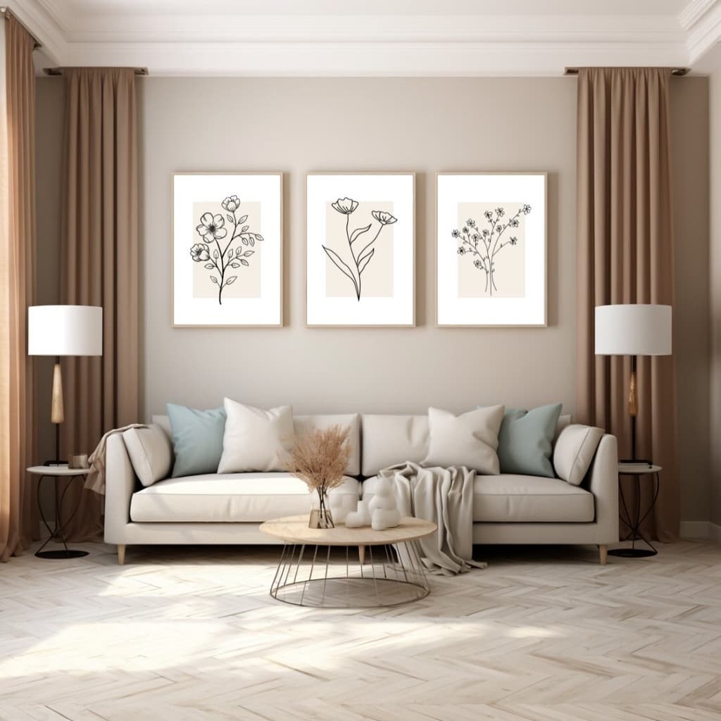 Quadros decorativos minimalistas com flores botânicas em fundo bege, em uma sala com decoração neutra.