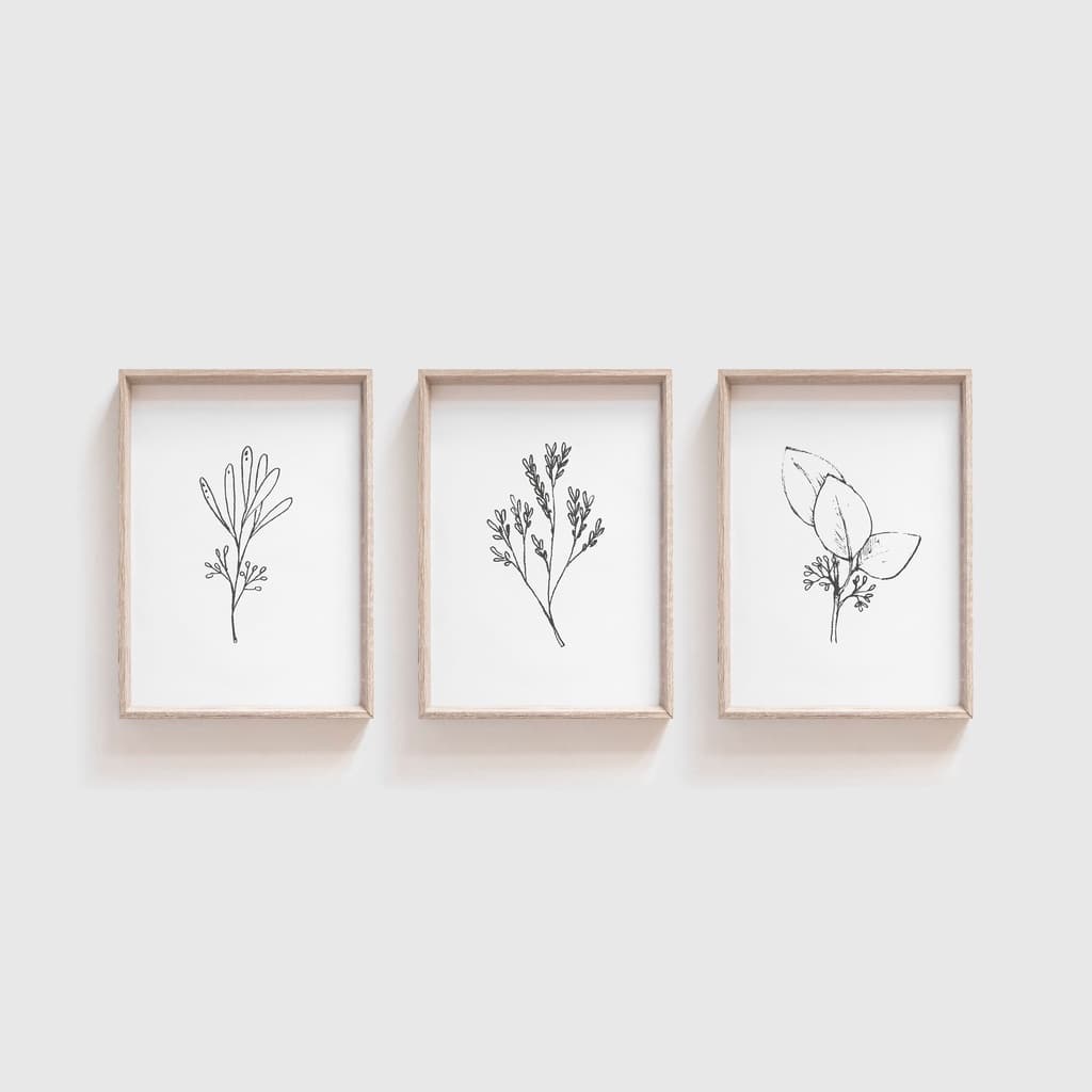 Quadros decorativos minimalistas com plantas em preto e branco