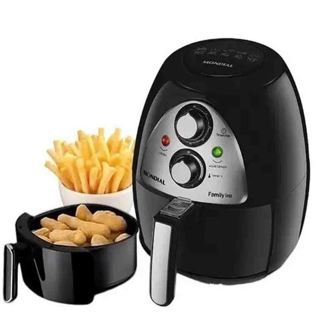 Airfryer elétrica Mondial 1500W, 4 litros, preto e cinza, com controles de temperatura e tempo