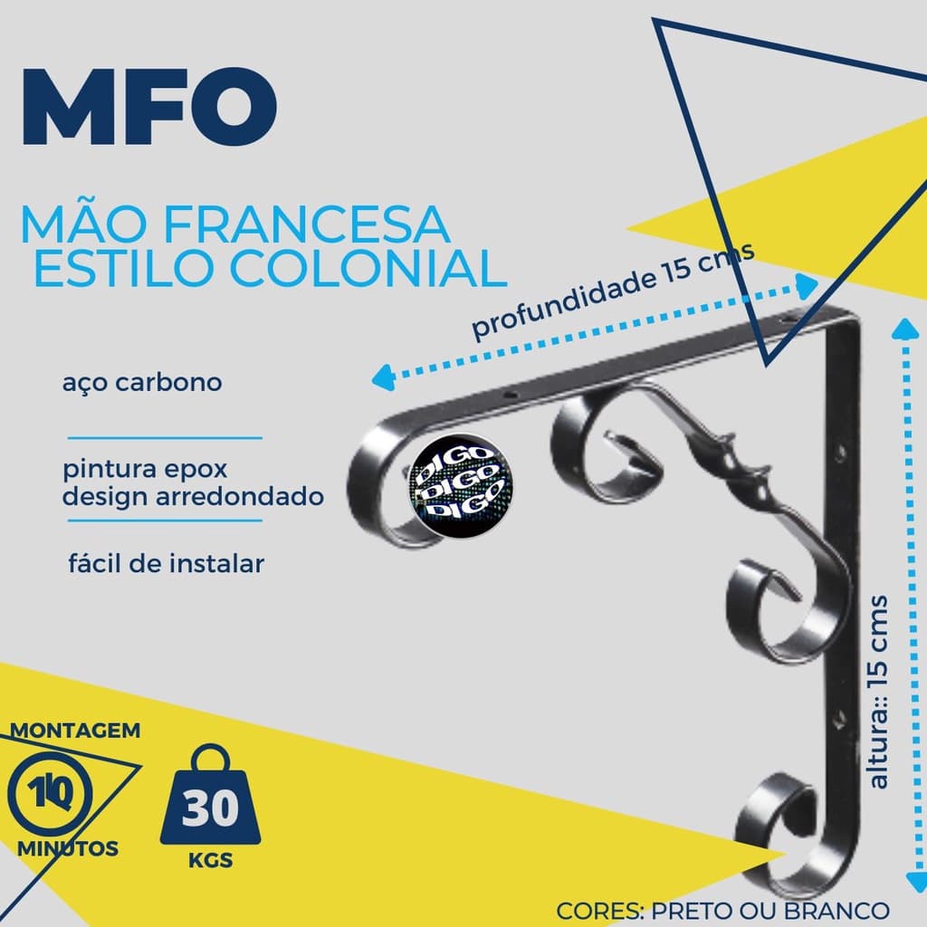 Suporte de parede colonial em L, aço carbono, pintura epoxi, fácil instalação
