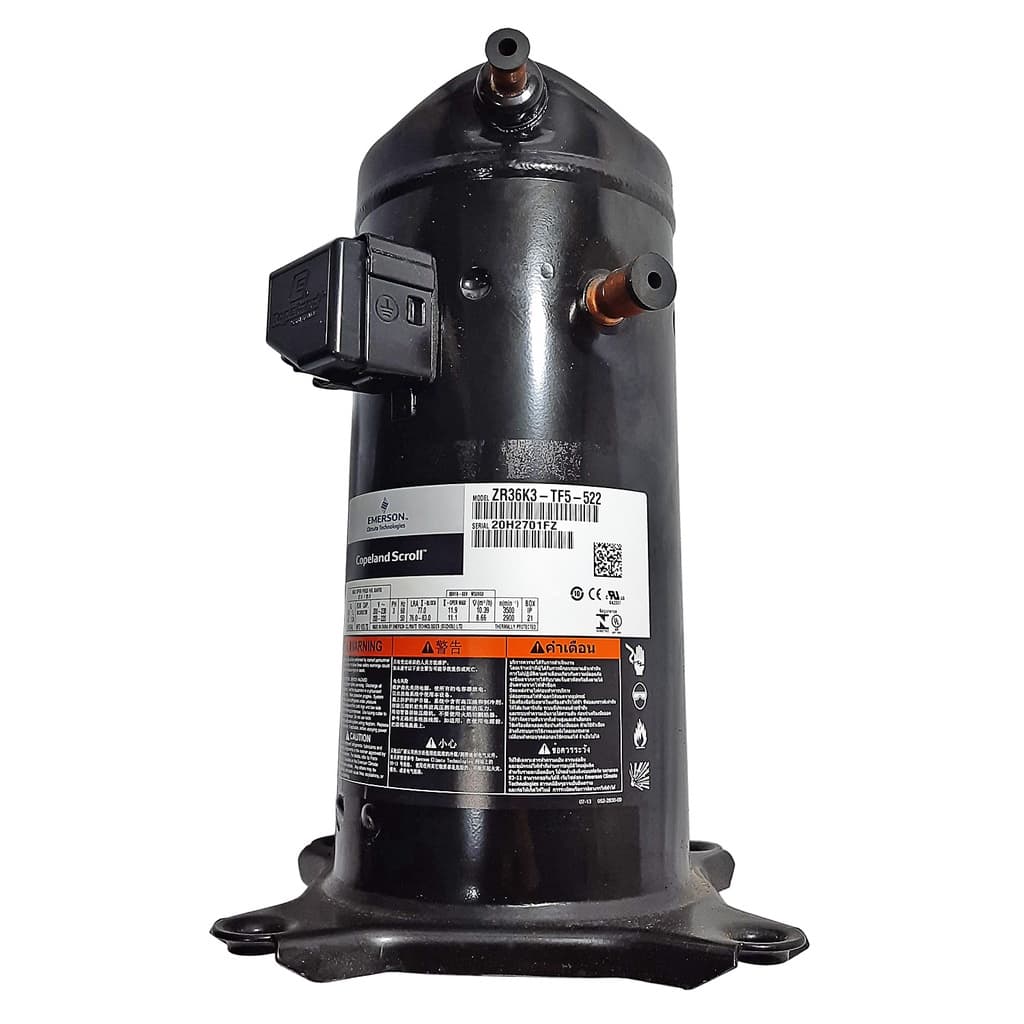 Motor compressor scroll preto Copeland 3HP R22 220v/3 ZR36K3 com etiqueta de informações técnicas