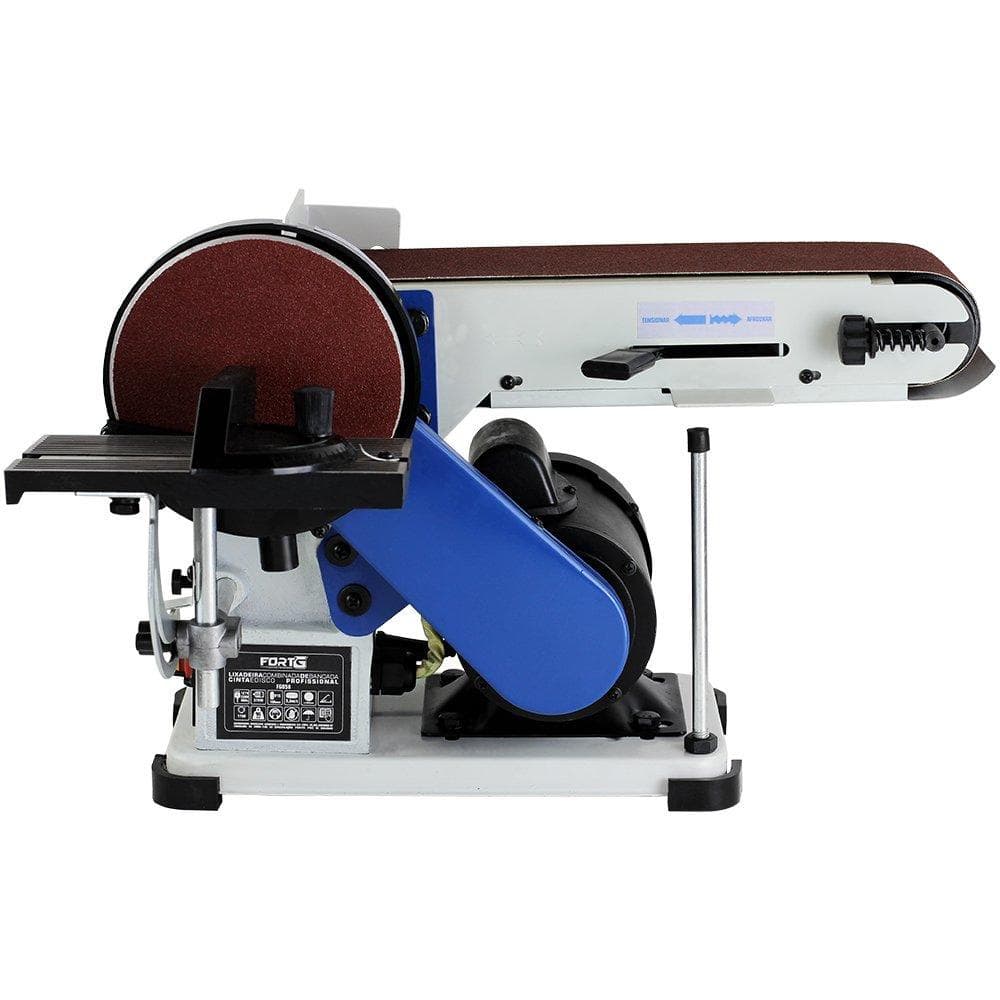 Lixadeira de Cinta Combinada Bancada 375W Bivolt, frontal, base branca, componentes azuis e pretos, roda de lixar marrom