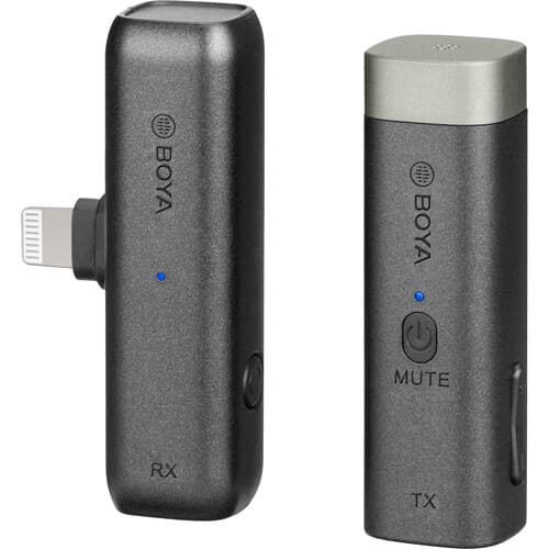 Microfone Boya BY-WM3D 2.4GHz sem fio, RX e TX, cinza, botão de mudo, LED azul, fundo branco