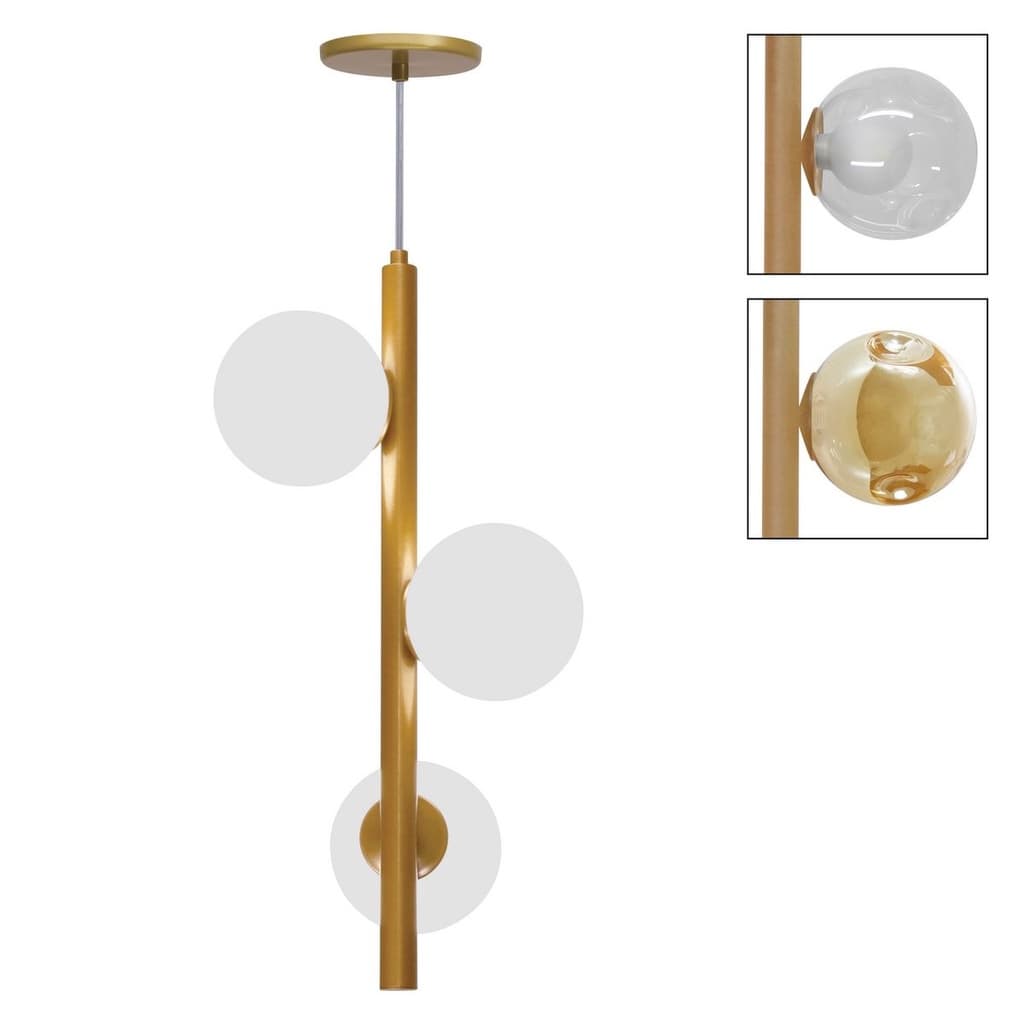 Pendente lustre dourado com três globos de vidro transparentes