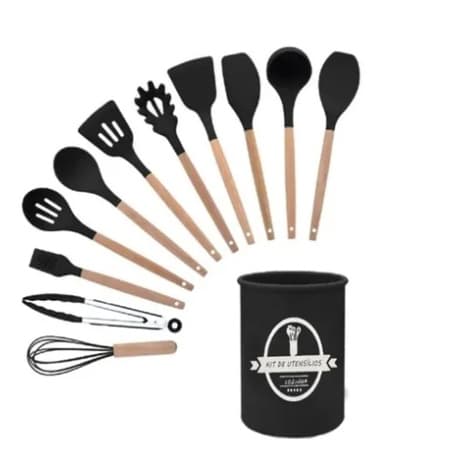Kit de utensílios de cozinha 12 peças silicone preto com cabo madeira