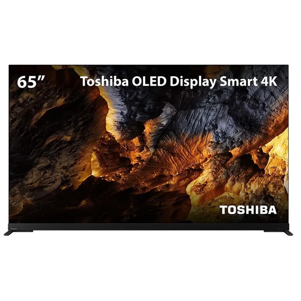 Smart TV OLED 65'' Toshiba 4K com imagem de caverna, marca e tamanho visíveis