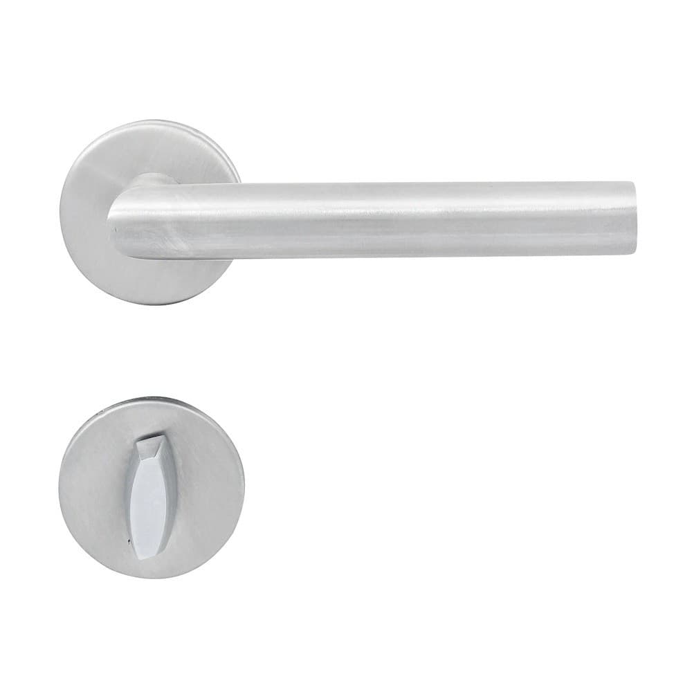 Fechadura de banheiro em aço inoxidável escovado, design minimalista, fundo branco