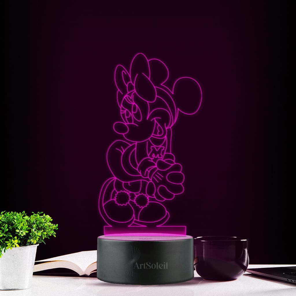 Luminária LED 3D de mesa Minnie Mouse infantil com luzes púrpuras e base preta