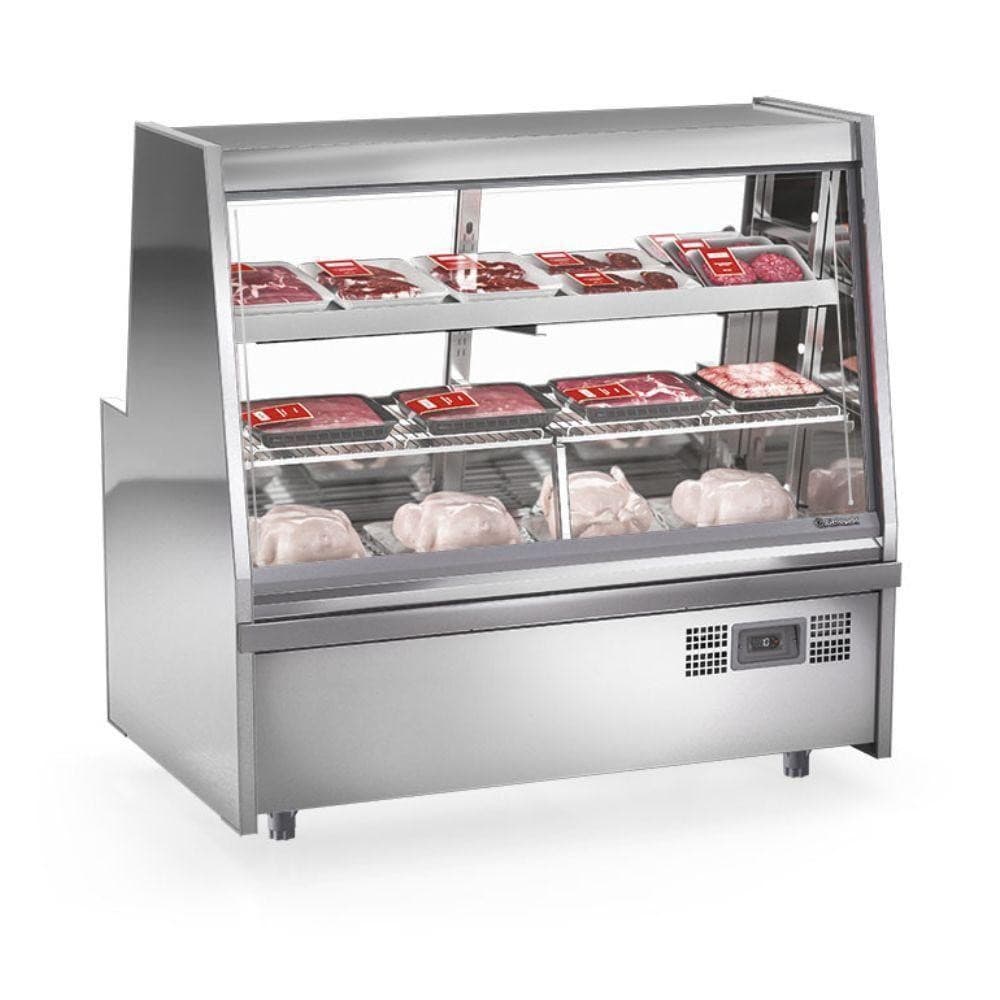 Expositor de carnes e frios aquecido 1,5m inox com prateleiras transparentes