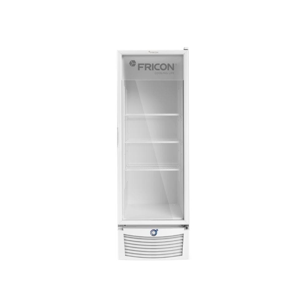 Freezer vertical branco Fricon 569 litros com porta de vidro e logo na parte superior