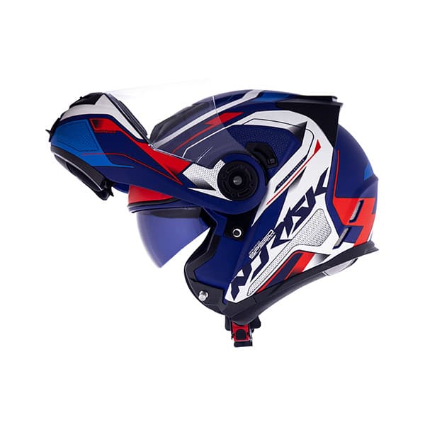 Capacete Norisk Escamoteável FF345 Route Speedmax Azul Branco e Vermelho Fosco Robocop Articulado