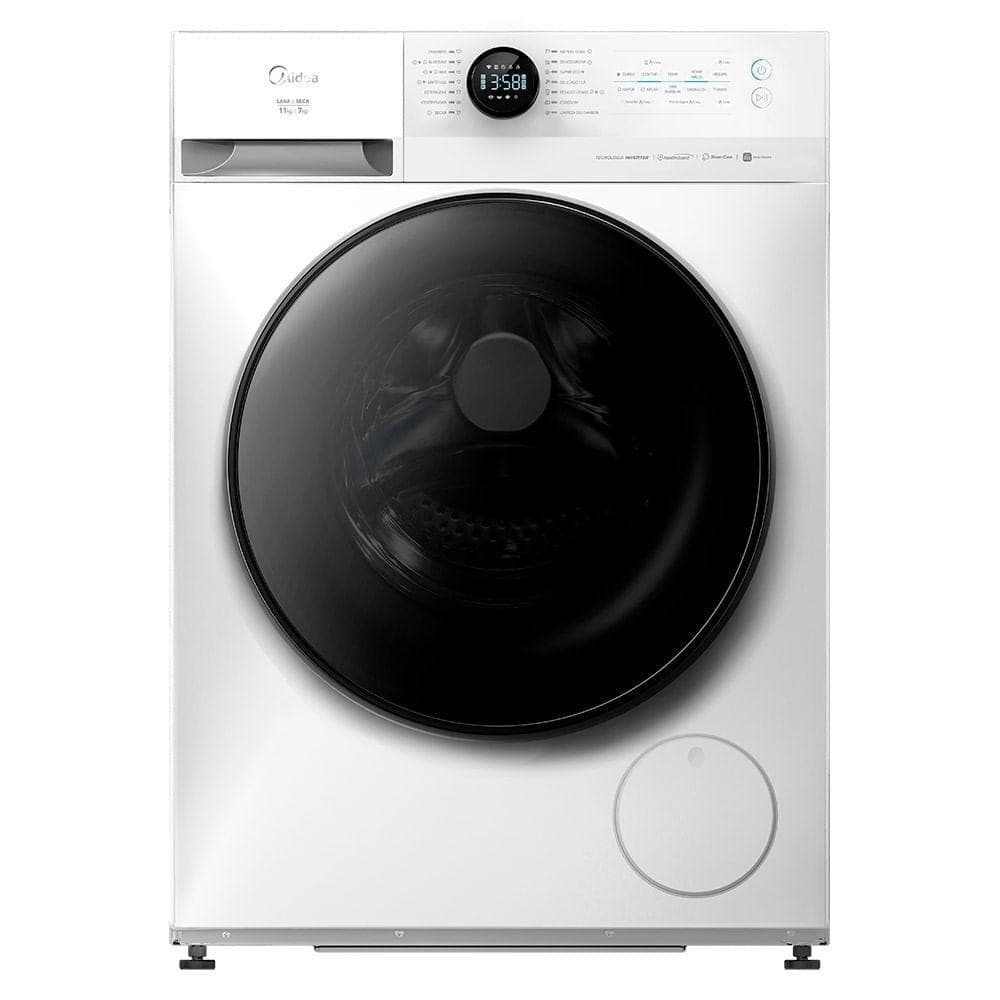 Lavadora de roupas branca e preta slim com porta de vidro e controle digital