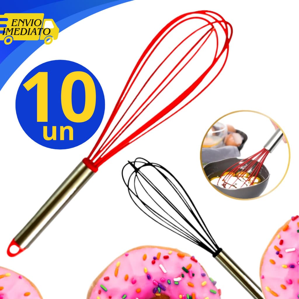 Kit 10 batedores de clara de ovos vermelhos e pretos com silicone e metal, fundo branco, donuts rosa para exemplo de uso, texto 'ENVIO IMEDIATO'.