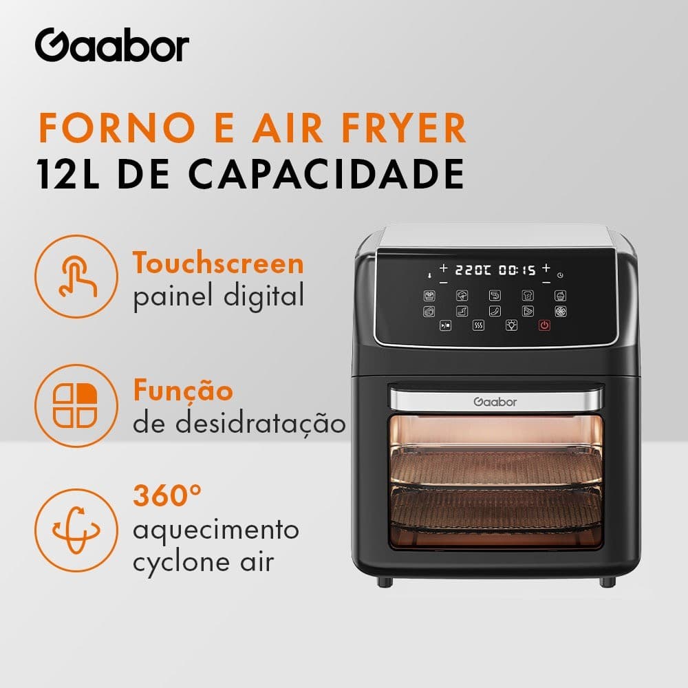 Air Fryer Gaabor 12 litros preta com painel digital touch e função de desidratação