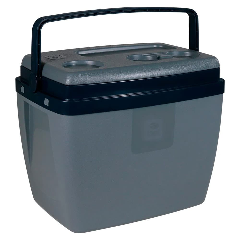 Caixa térmica com porta-copo 36 litros - Bel, cinza e preta, com compartimentos para copos e alça preta.