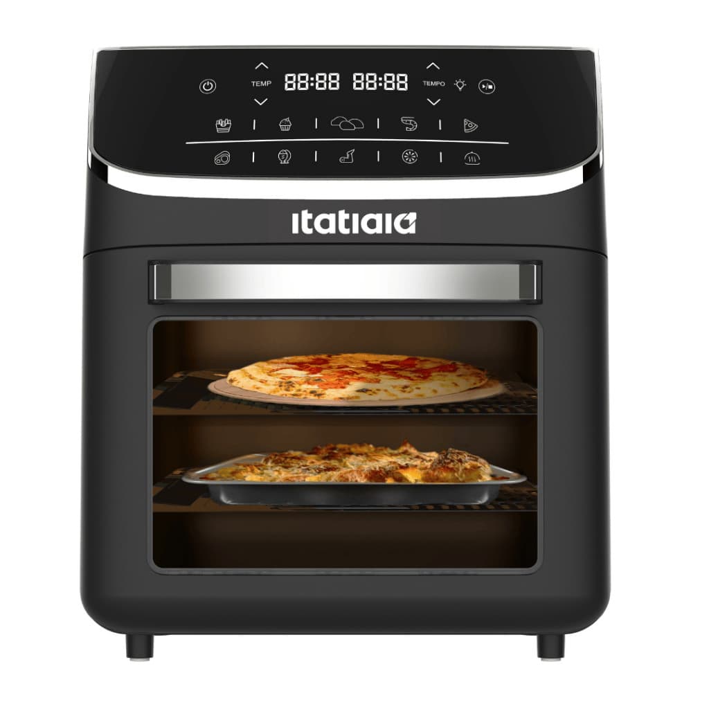 Fritadeira Air Fryer Forno Itatiaia AFITA Antiaderente 12 Litros Preto 2000W aberta com pizza