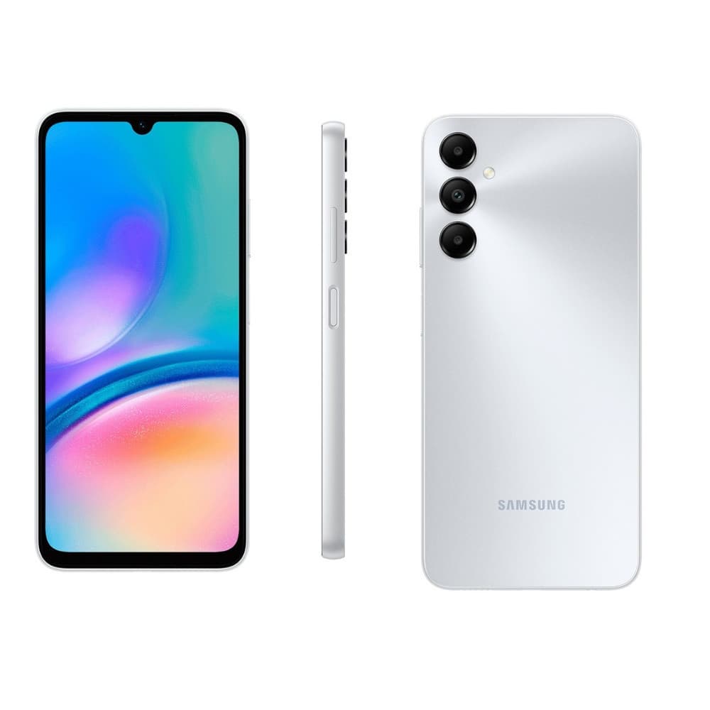 Smartphone Samsung Galaxy A05S branco com tela colorida e três câmeras no verso