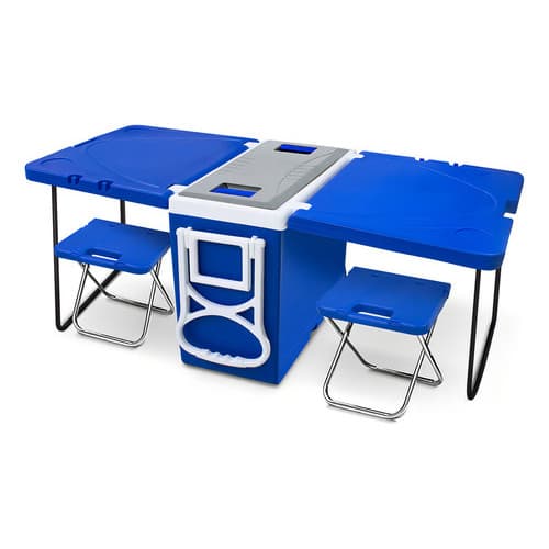 Caixa Térmica 32L com Mesa e Cadeira Dobrável Azul e Cinza