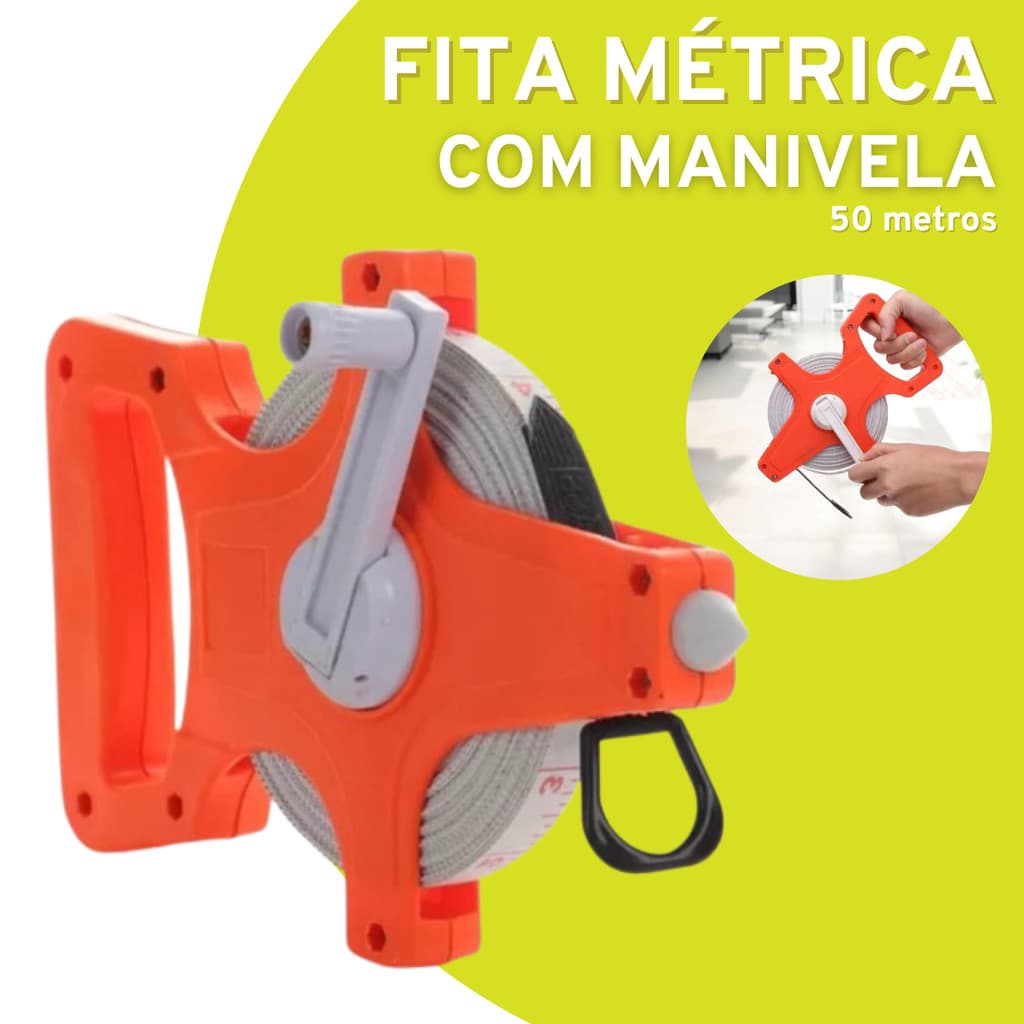 Fita métrica de 50 metros com manivela recolhedora, cor laranja e cinza, para obras e reformas