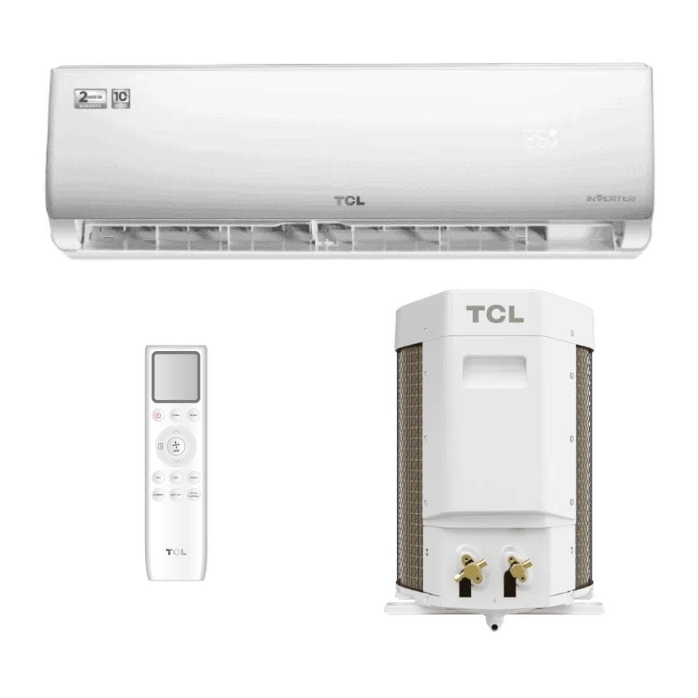 Ar Condicionado Inverter TCL 12000 Btus Frio 220v GV R-32 com WIFI, controle remoto e unidade externa branca.