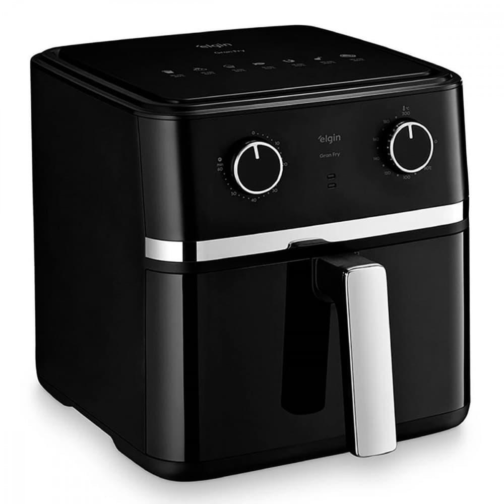 Fritadeira Elétrica Air Fryer Elgin Gran Fry 8L Air Circuit 360º, preta com detalhes prateados, fundo branco, controles rotativos, visor digital, alça de aço inoxidável.