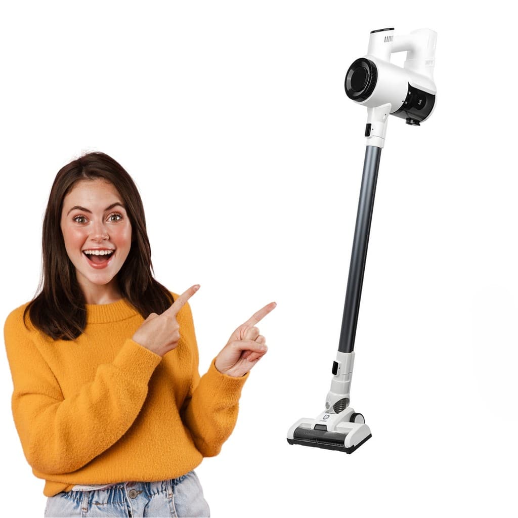 Aspirador de pó sem fio portátil branco e preto com escova motorizada, filtro HEPA e iluminação LED