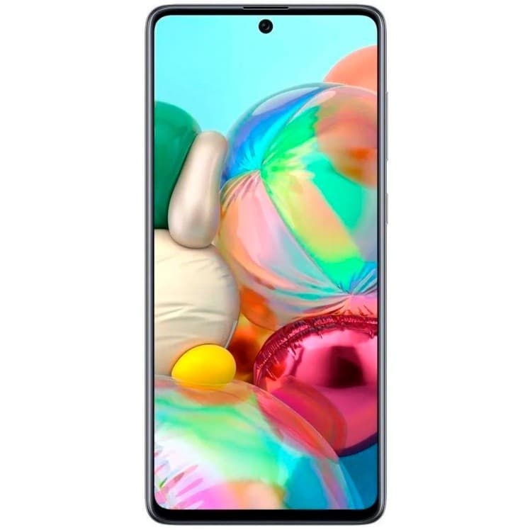Imagem frontal do smartphone Samsung Galaxy A71 com display colorido e bordas finas, contra fundo branco.
