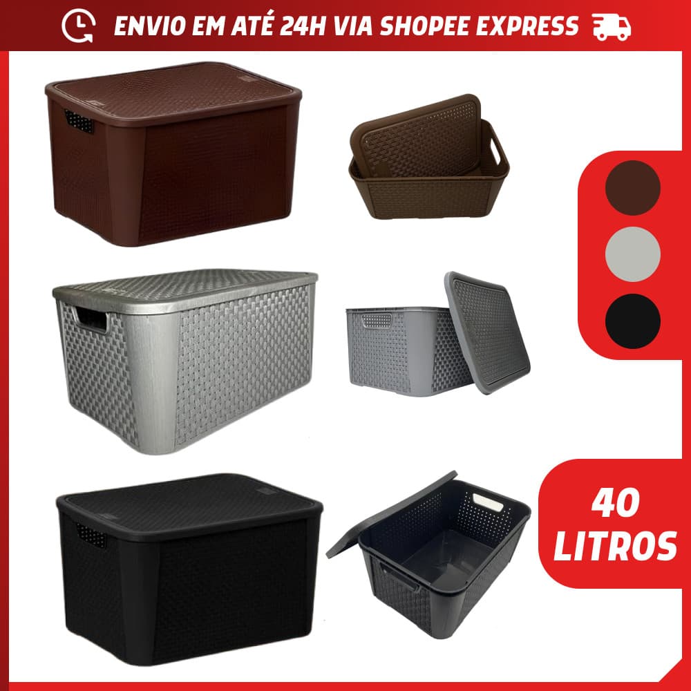 Caixas organizadoras de 40 litros em várias cores, marrom, cinza claro, cinza escuro, preto e prata, com tampas e fundo branco.