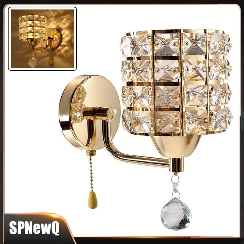 Arandela luminária de parede decorativa de cristal moderna luxuosa com estrutura dourada e cristais transparentes