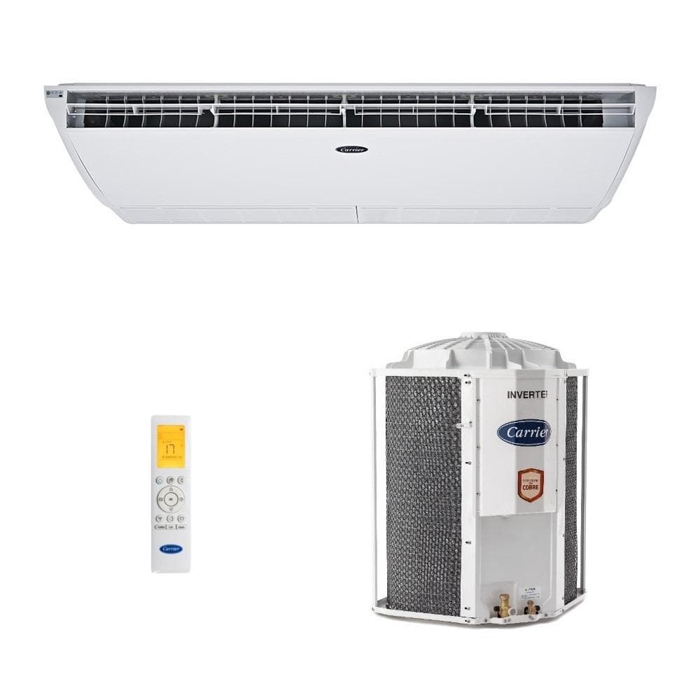 Ar condicionado Inverter Springer Carrier Xpower Connect Frio R-32, unidade externa branca, unidade interna cinza e controle remoto branco.