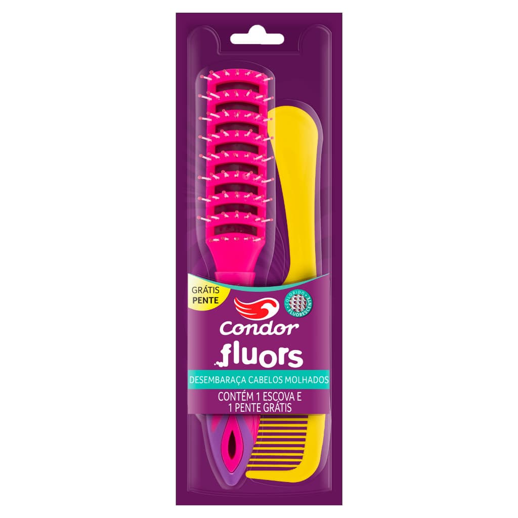 Escova Condor Fluors Desembaraça Cabelo Molhado Escova Pente Fluorescente