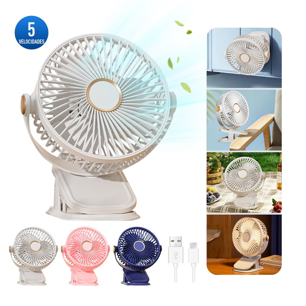 Ventilador de mesa recarregável com 5 velocidades, múltiplas cores, portátil para escritório e viagens