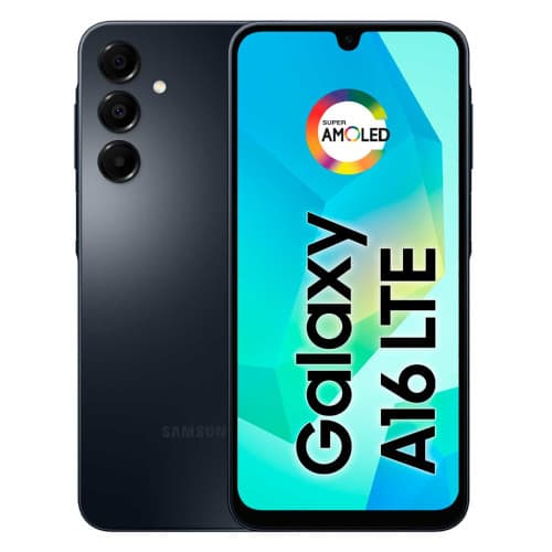 Smartphone Samsung Galaxy A16 128GB com tela AMOLED azul e verde, três câmeras na parte traseira e texto 'Galaxy A16 LTE' na tela.