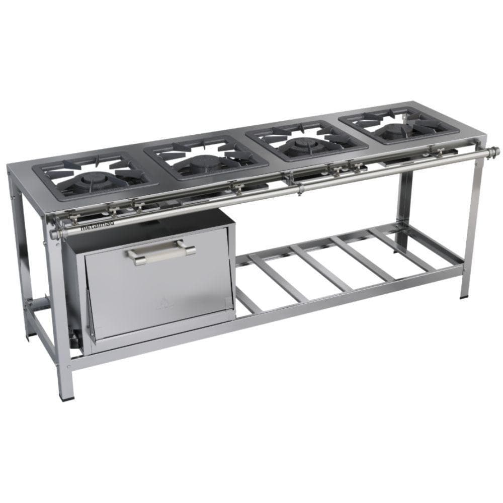Fogão industrial com quatro bocas 40x40, forno M12, aço inox 430, Metalmaq