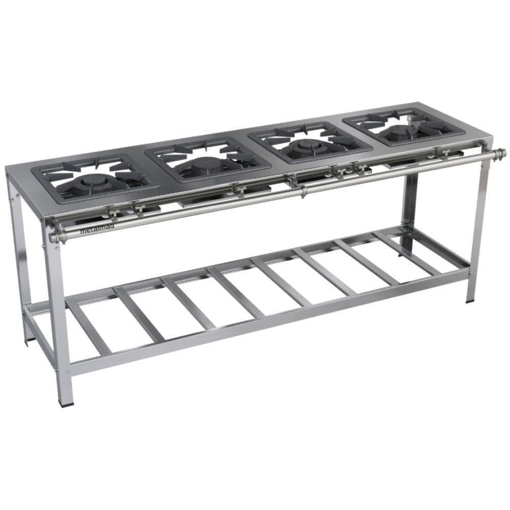 Fogão industrial Metalmaq 4 bocas 40x40 M8 em aço inox 430 com suporte
